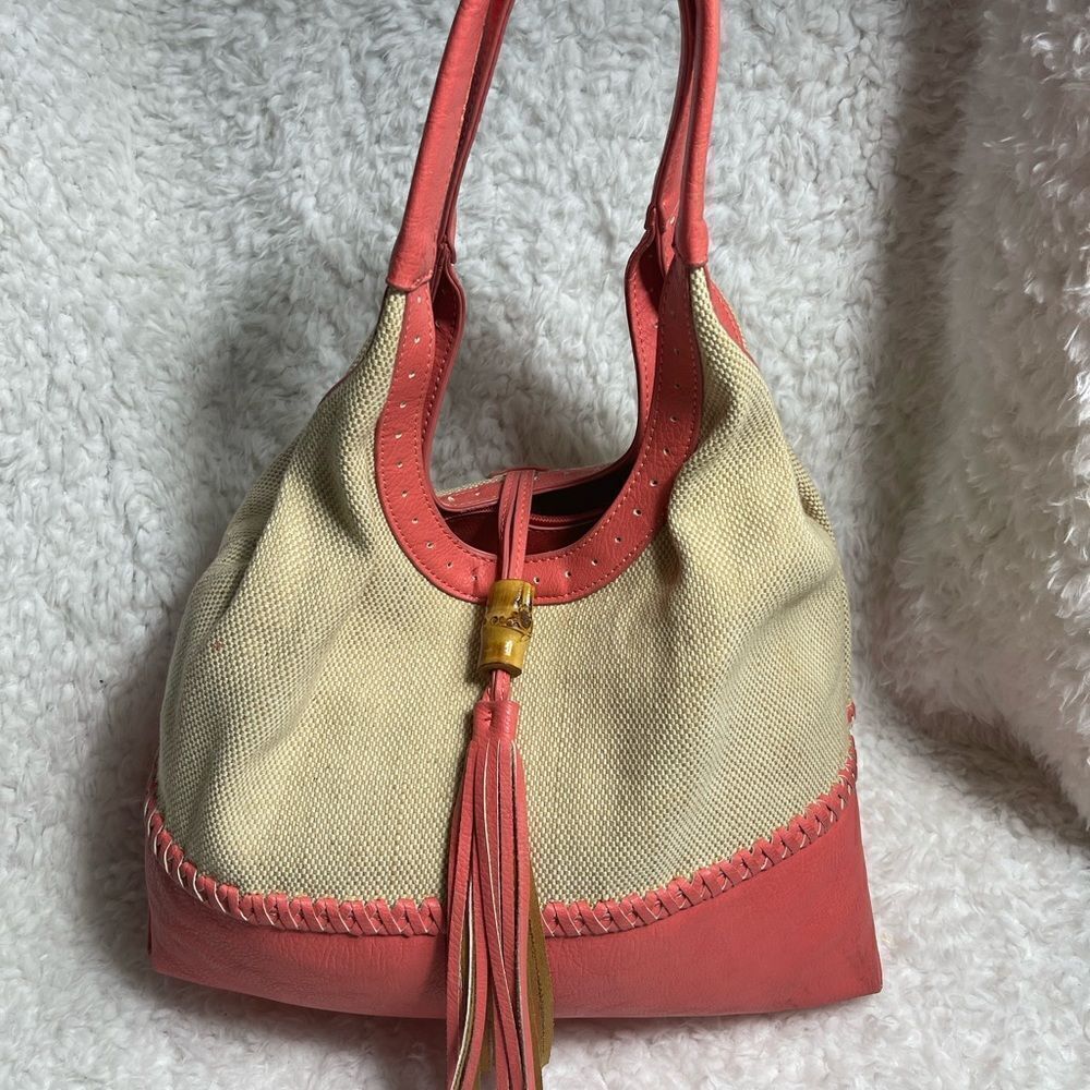 Big Buddha  shoulder bag Canvas gold & beige orange faux leather trims &…